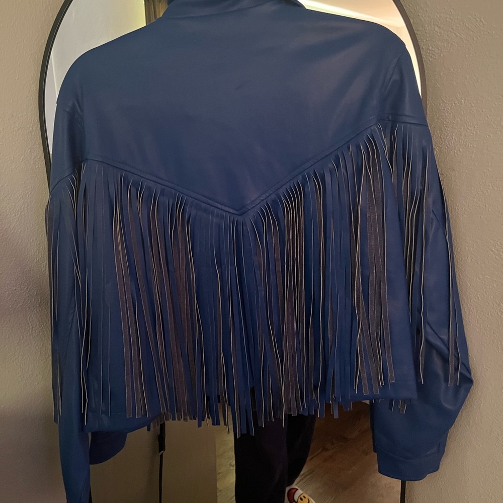 Nasty Gal Royal Blue Faux Leather Fringe Jacket Western Cropped Shacket Size L - Picture 4 of 5